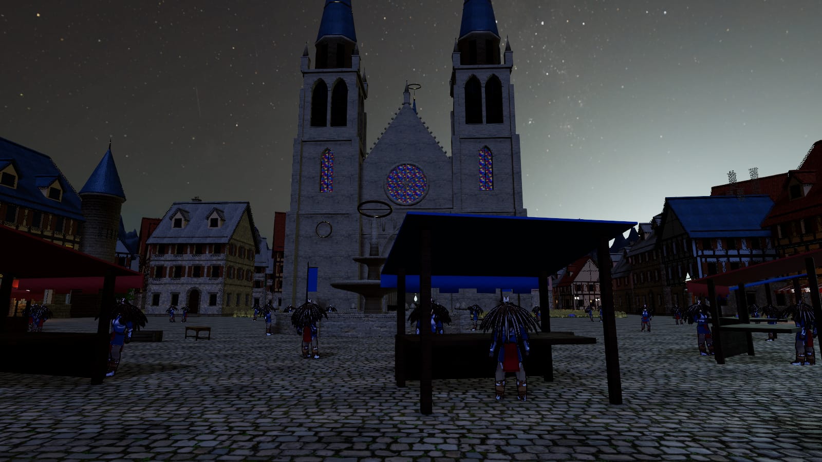 Ashenvale's plaza at night, lamps lit under the stars