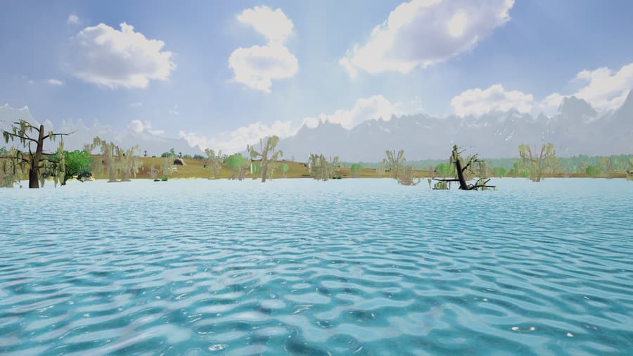 Still water and drowned trees at the edge of Stormreach Marsh